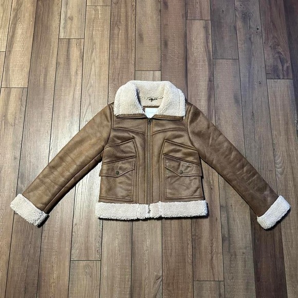 Lucky Brand Faux Shearling Faux Leather Bomber Jacket Women's XS Sherpa Collar - Picture 1 of 6